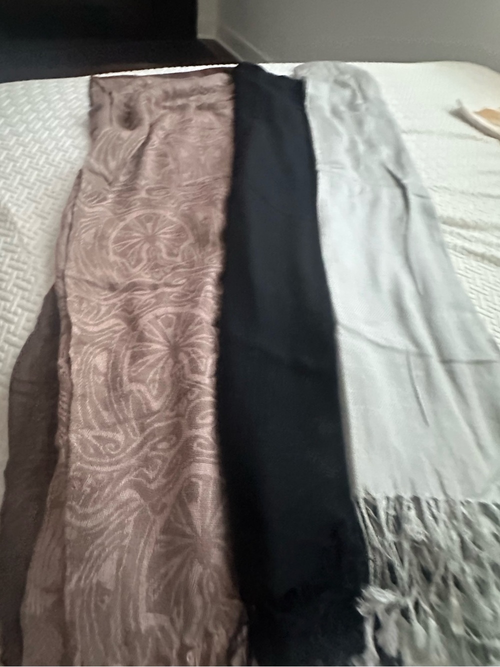 Set of Three Long Fringe Scarves — Taupe Paisley, Black, Light Gray